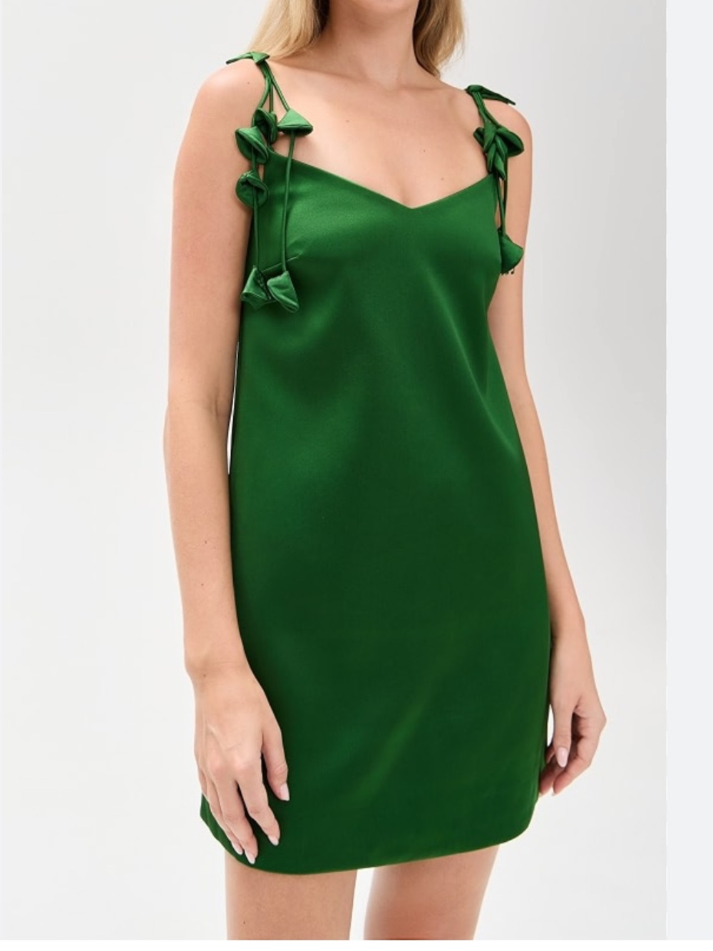 Self-Portrait Emerald Green Satin Mini Dress with Floral Tie Straps